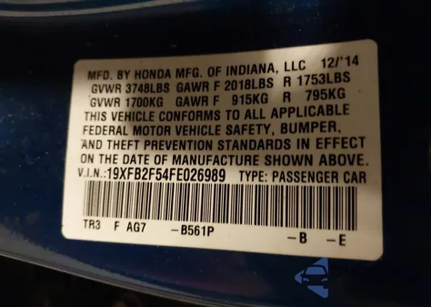 2015 Honda Civic Lx z USA, uszkodzony, nr VIN 19XFB2F54FE026989